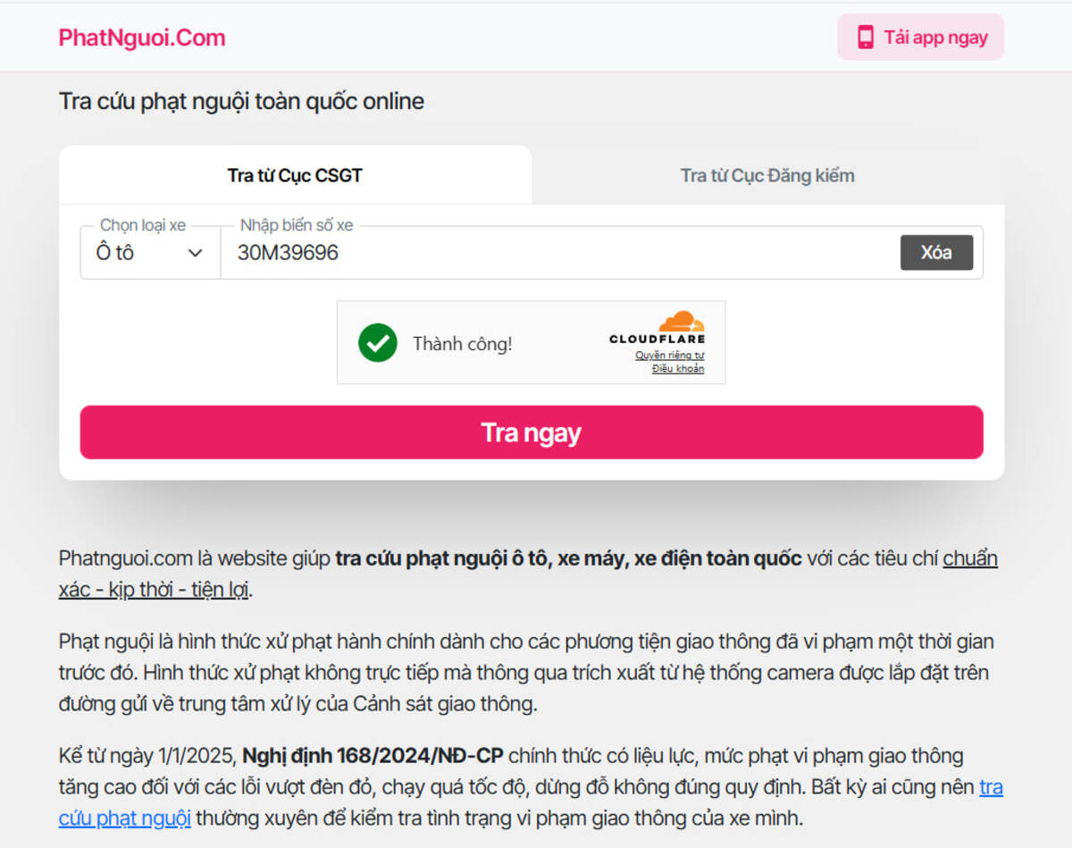 Tra cứu phạt nguội trên website phatnguoi