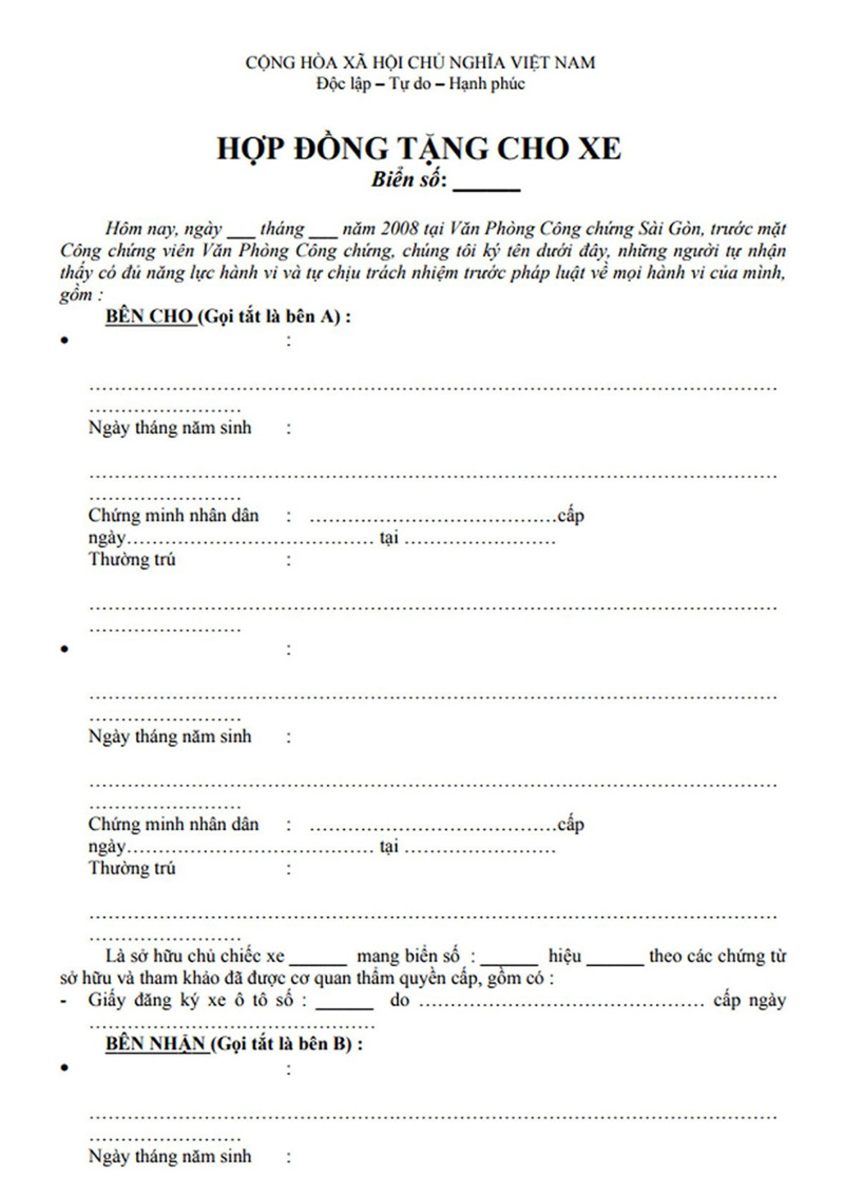 nhung giay to can chuan bi khi lam ho so cho tang xe o to Những giấy tờ cần chuẩn bị khi làm hồ sơ cho tặng xe ô tô